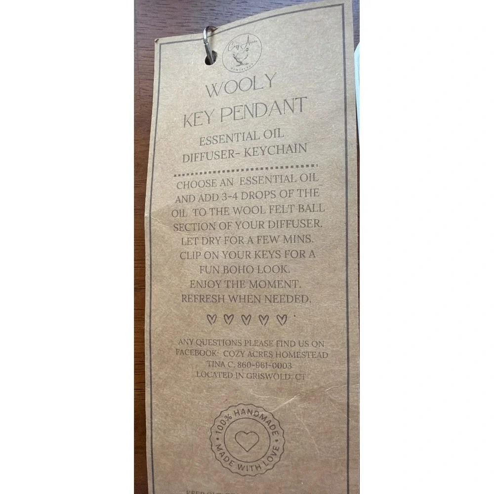 Cozy Acres Homestead Wooly Key Pendant Essential‎ Oil Diffuser Keychain Boho New
